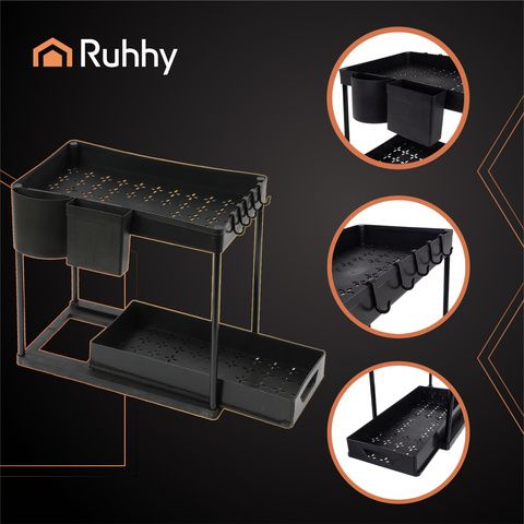 Raft Organizator Bucatarie cu 2 Nivele-Under-Sink Organizer ,Negru