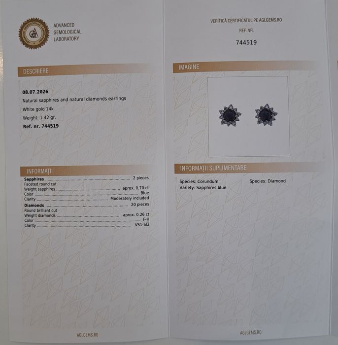 Cercei aur cu diamante si safire