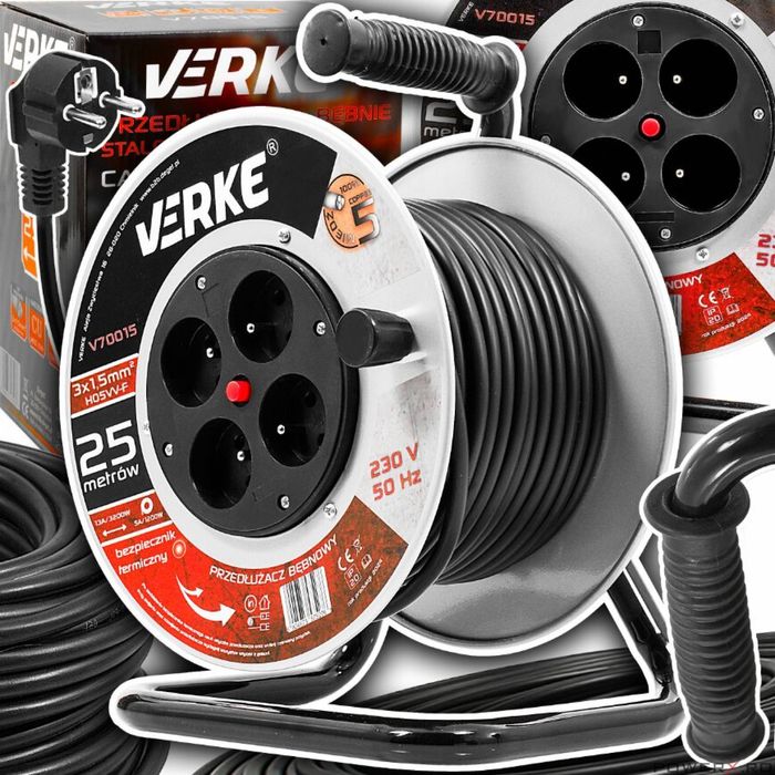 Rola prelungitor cablu negru, cu cadru metalic, 25 metri 3 x 1,5 mm