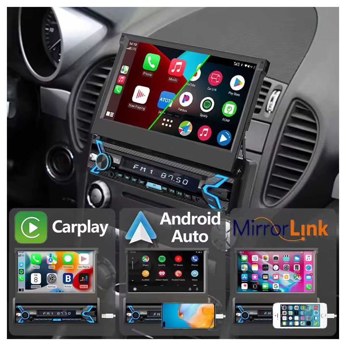 1 DIN Мултимедия 7" – CarPlay, Android Auto, 4 GB, 64 GB, Android 14