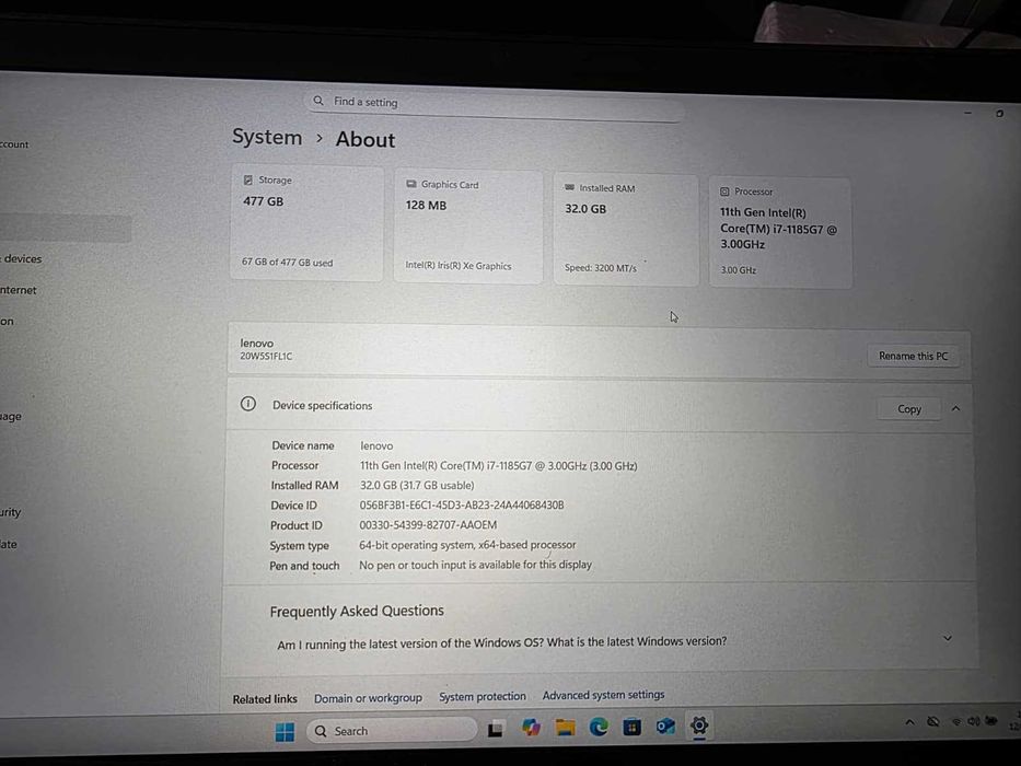 Vand laptop Lenovo T15 gen 1 I7,32,512