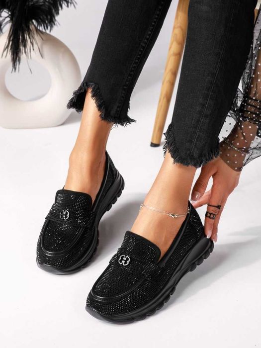 Всекидневни дамски обувки мокасини - черни от обърната еко кожa