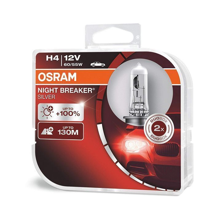 Becuri auto H4 12V 60/55W P43t Osram Night Breaker Silver +100% mai multa lumina, 64193NBS-HCB Set 2 becuri
