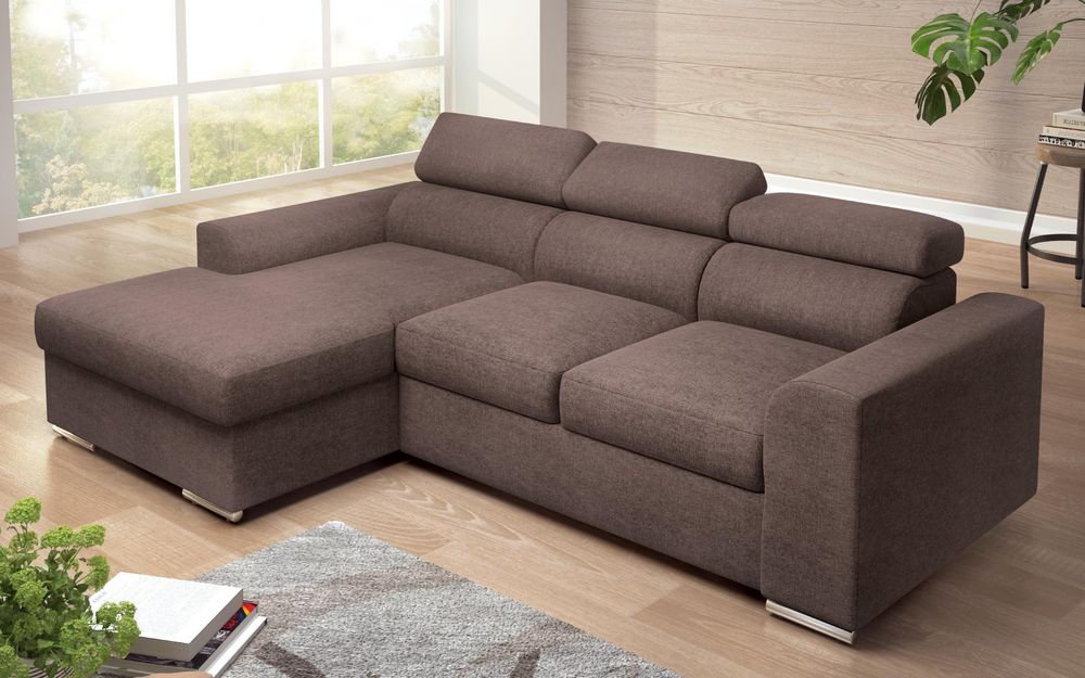 Чисто нов ъглов разтегателен диван с фунцкия сън и ракла,кафяв,ляв