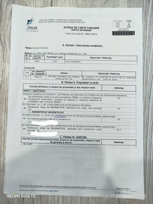 Teren intravilan 1383mp+CURENT TRIFAZIC+cabana+apa