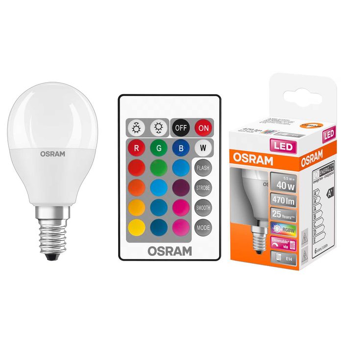 Смарт крушка LED RGB-W OSRAM Star P40, E14, 5.5W (40W), 470 lm, Димируема, Дистанционно, 25 000 часа работа