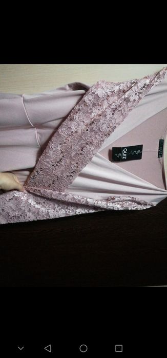 Rochie de ocazie lungă roz pudrat XL cu dantelă și paiete