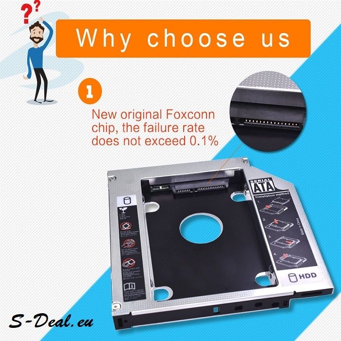 Caddy кутия за ВТОРИ Хард Диск "HDD/SSD" към вашия лаптоп 9.5 | 12.7mm