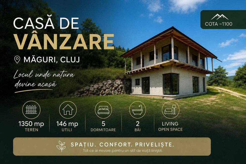 Cabană cu panoramă spectaculoasă – Măguri, Cluj | 146 mp utili | Teren 1.350 mp | 180.000 €