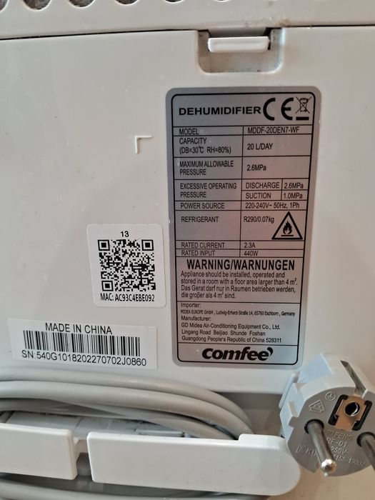 Dezumidificator aer Comfee 20L/zi, MDDF-20DEN7-WF, Wi-Fi