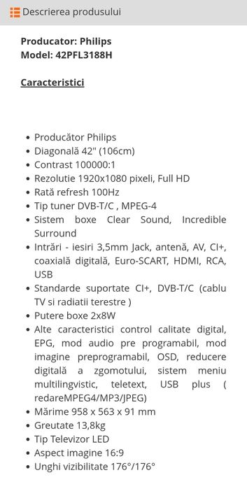 TV LED PHILIPS 42PFL3188H/12, Full HD, 107 cm