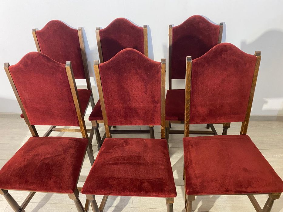 6 Buc. Scaun Vintage din Lemn; Set Scaune Tapițate