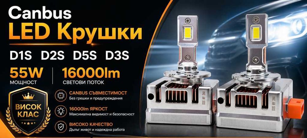 LED Крушки +400% D1S/D2S/D3S/D5S Canbus 16000Lm 90W 6000k Без Грешки Директен Заместител