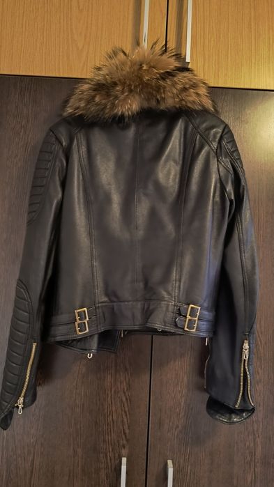 Geaca piele cu guler vulpe detasabil