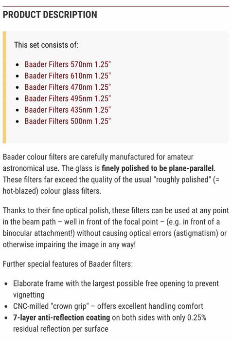 Baader Planetarium 1.25" астрономически филтри за телескоп – 6 цветни + UHC-S