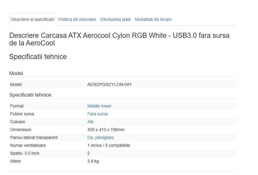 VandCarcasa AeroCool ATX Aerocool Cylon RGB White - USB3.0
fara sursa