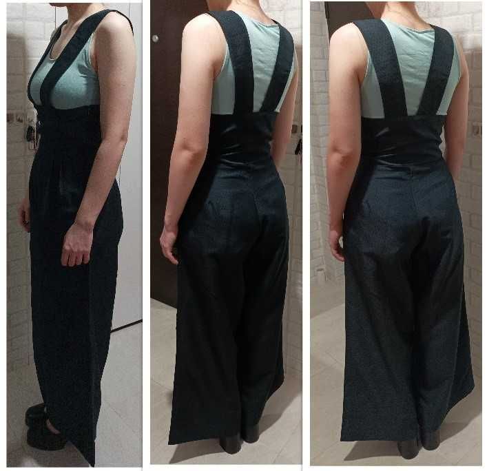 Pantaloni negri largi cu talie înaltă și bretele, măr.M (38-40)