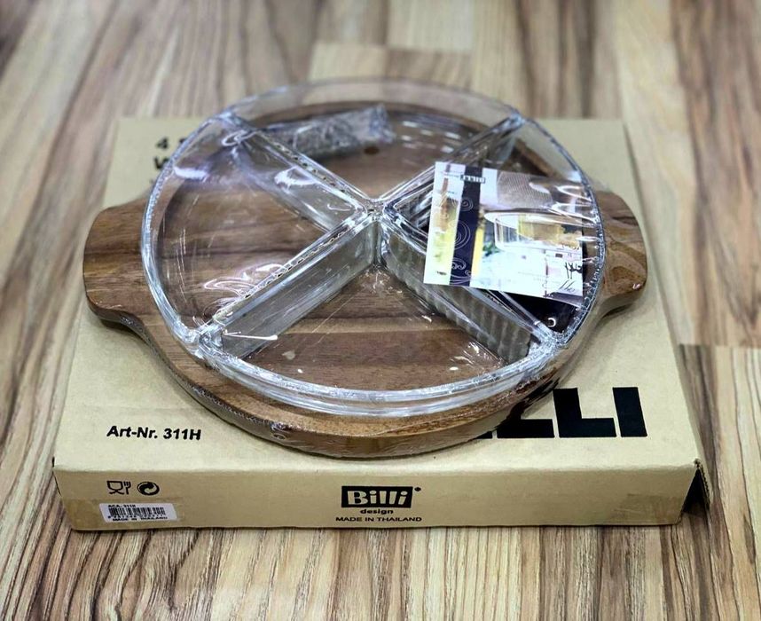Круглая тарелка BILLI для закусок на 6 секций (дерево + стекло)