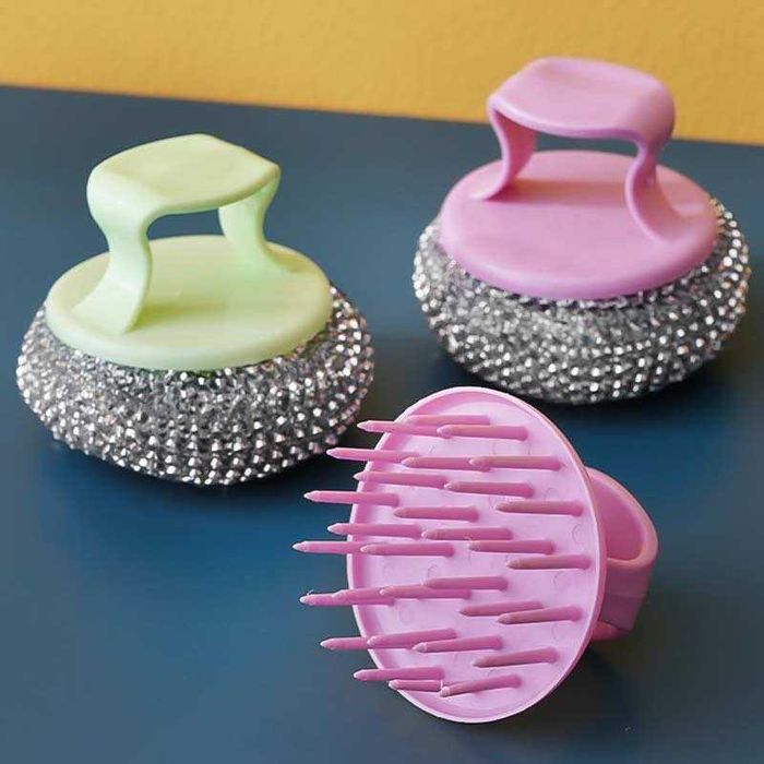 Метална гъба за почистване със сменяема дръжка, комплект от 4 броя