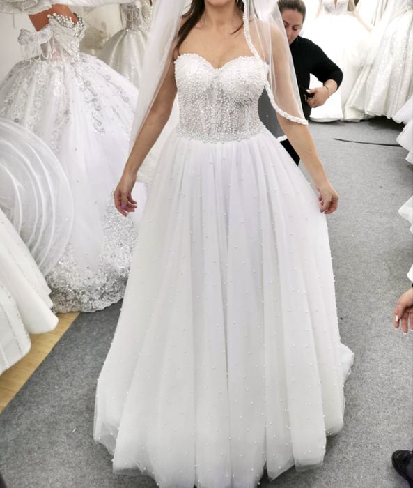 Rochie mireasa+voal cu perle marimea S