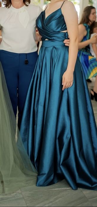 Бална официална дълга рокля в цвят петрол
