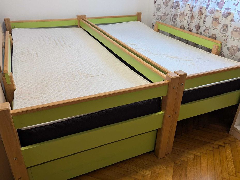 Pat etajat 2 x 190x80, cadru lemn masiv + birou