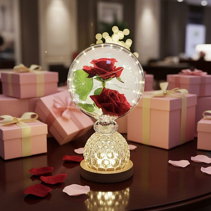 Лампа с вечни рози и топла LED светлина – подарък, който не увяхва