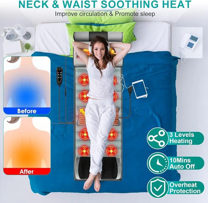 Подвижна !Масажна постелка за цяло тяло с10 вибрационни мотора,