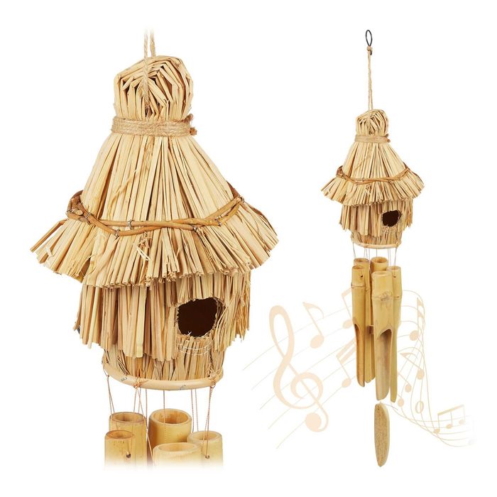 Clopot de vant cu casuta pentru pasari din bambus si paie 69 x 16 cm