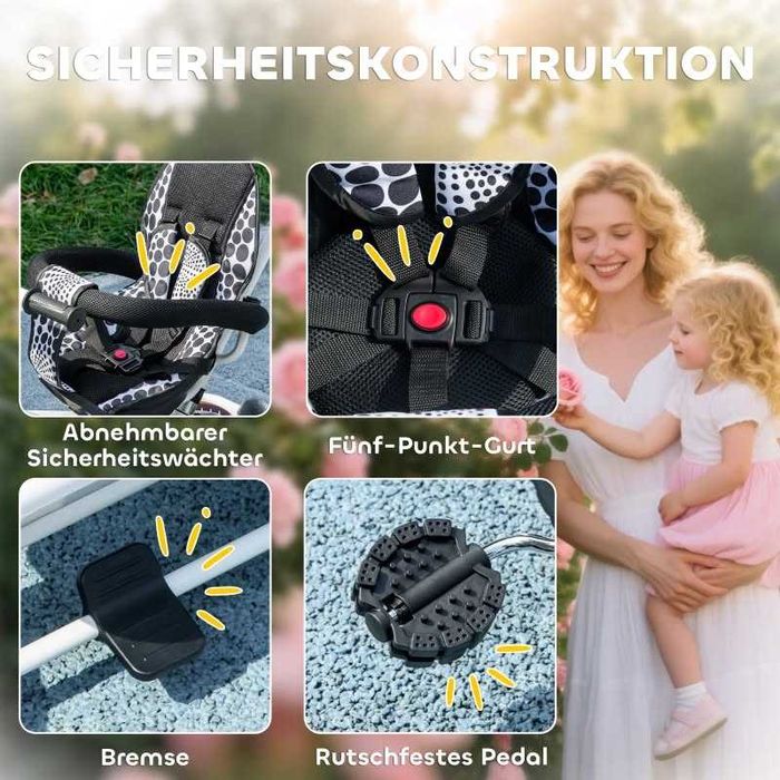 Детска триколка HOMCOM 6 в 1 с лост за бутане, сенник, колан, за 1-5 г