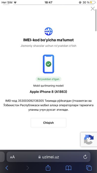 Iphone 8 xotira 64 yomkist 100