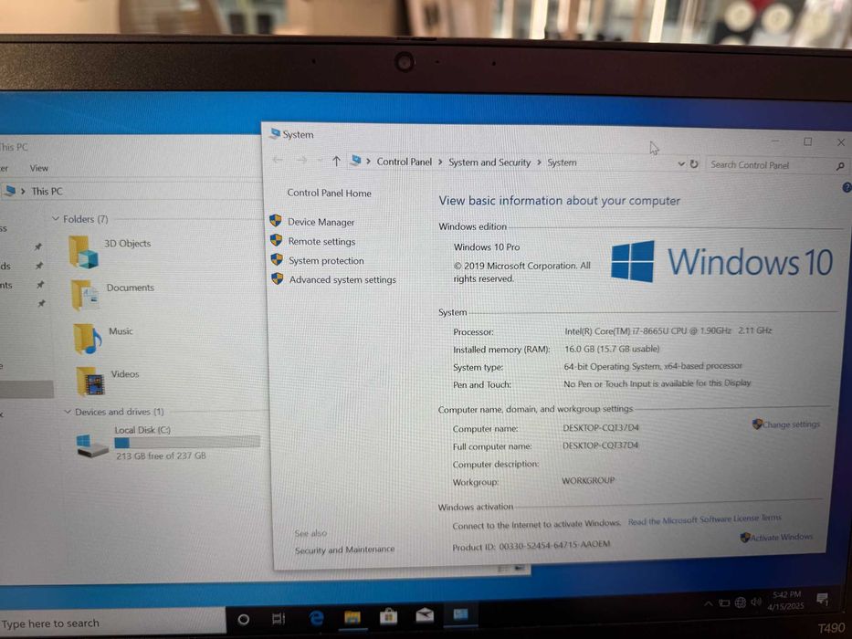 Laptop Lenovo ThinkPad T490 | i7-8665U | 16GB RAM | SSD |