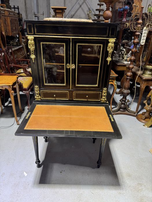 Birou stil napoleon III - lemn masiv ornamente bronz, piele pe blat