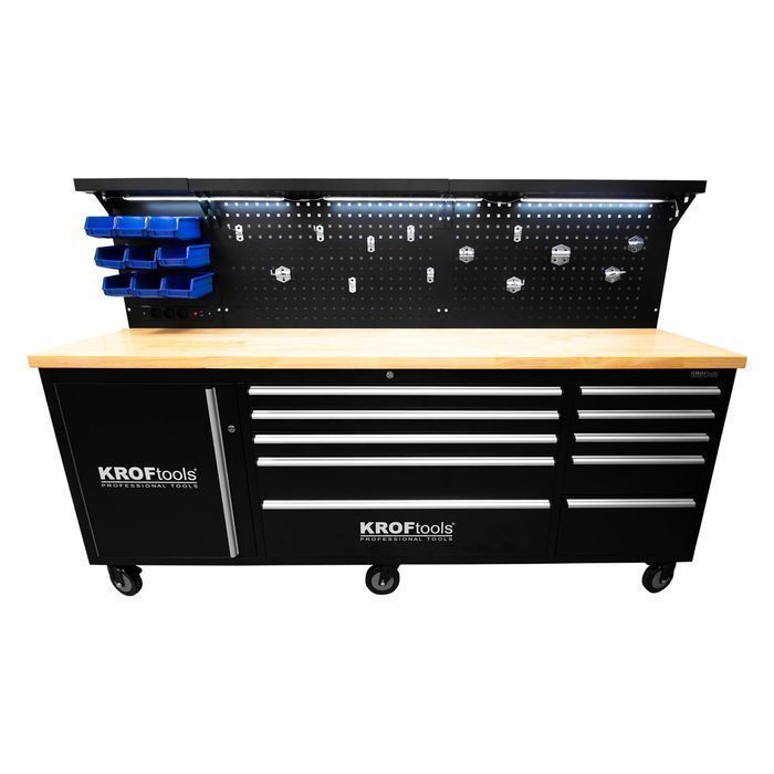 Banc de lucru metalic profesional 10 sertare, blat lemn masiv, panou i