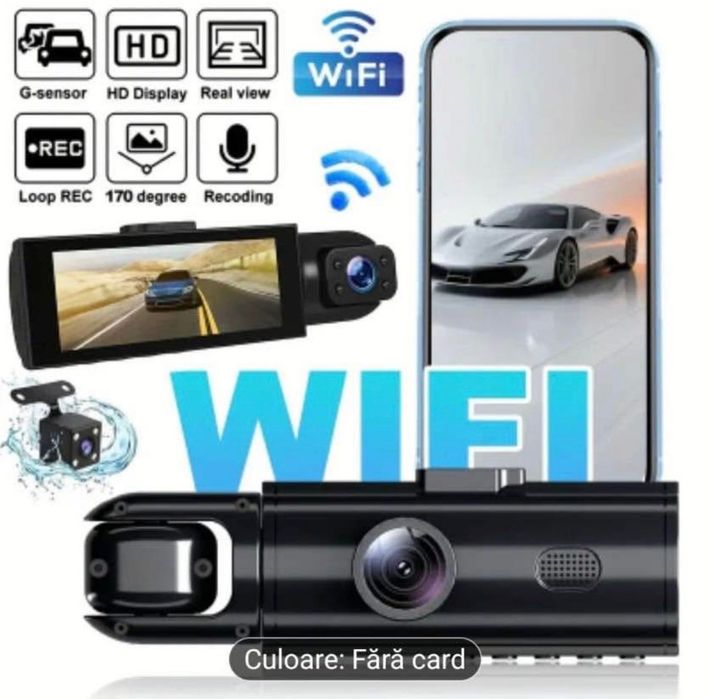 Cameră de bord cu 3 camere Wifi şi aplicație + card 32 GB
