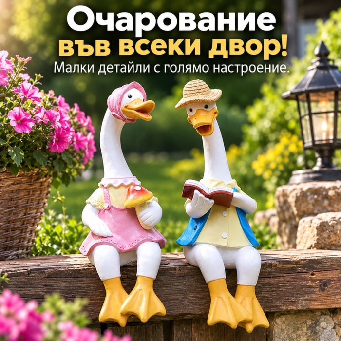 Декоративни градински фигурки чифт влюбени патици 2 бр. – Реалистична украса от смола за двор, градина, тераса и балкон