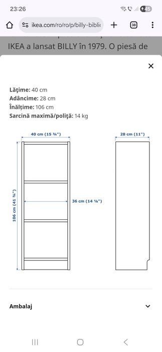 Bibliotecă BILLY  Ikea, alb, 40x28x106 cm 
Bibliotecă, alb, 40x28x106
