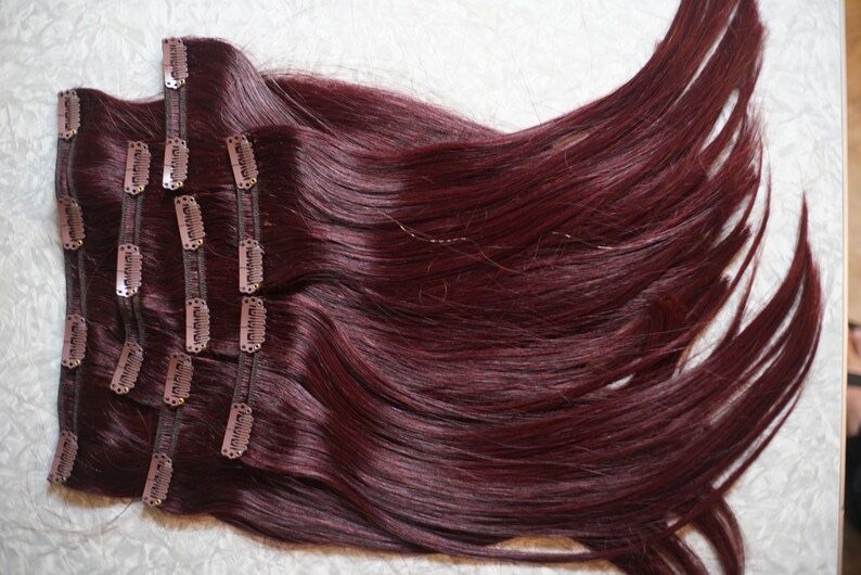 Червен Цвят патланжан удължения за коса треса на щипки