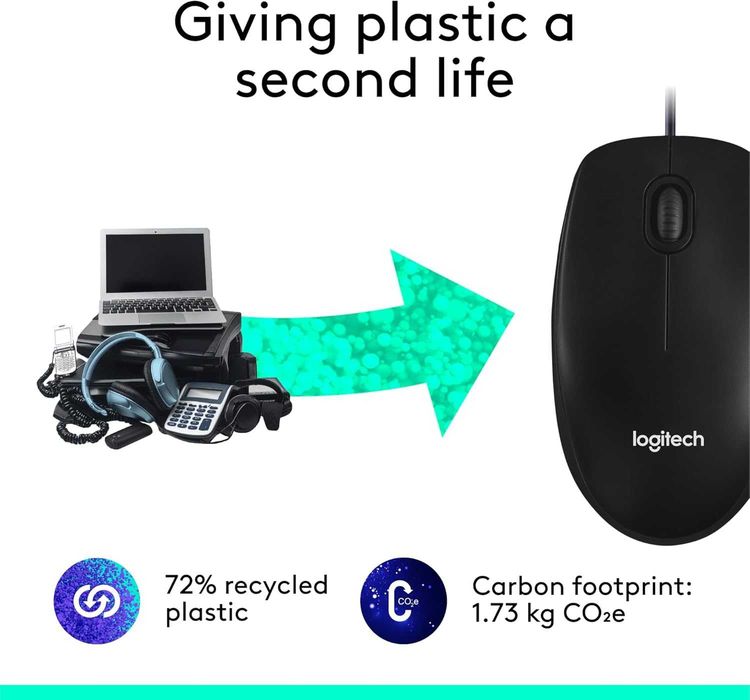 Мишка Logitech M100 с кабел, USB, 3 бутона, 1000 DPI, черна