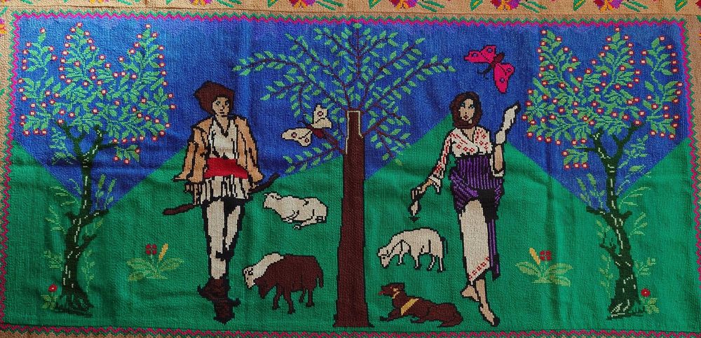 Carpetă / peretar popular vechi din lână, lucrat manual, 267 x 150 cm