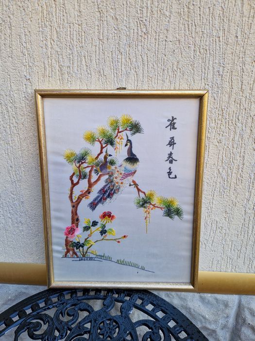 Прекрасна антикварна китайска бродерия картина върху коприна