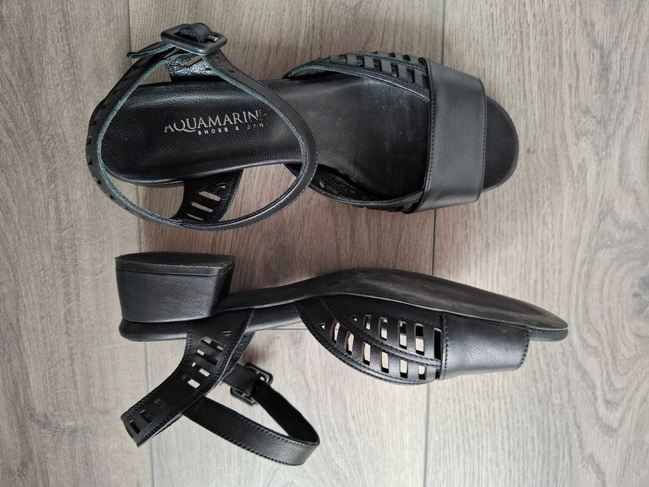 Елегантни дамски черни сандали на нисък ток естествена кожа 39 номер