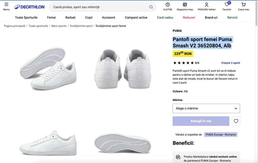 Pantofi sport femei PUMA Smash, 40, 365208-04, Alb