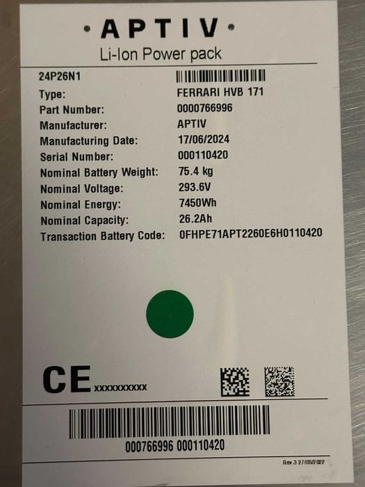 Modul 80s High Voltage Baterie Auto Ferrari 7,45 KWh 26,2Ah 293,6V