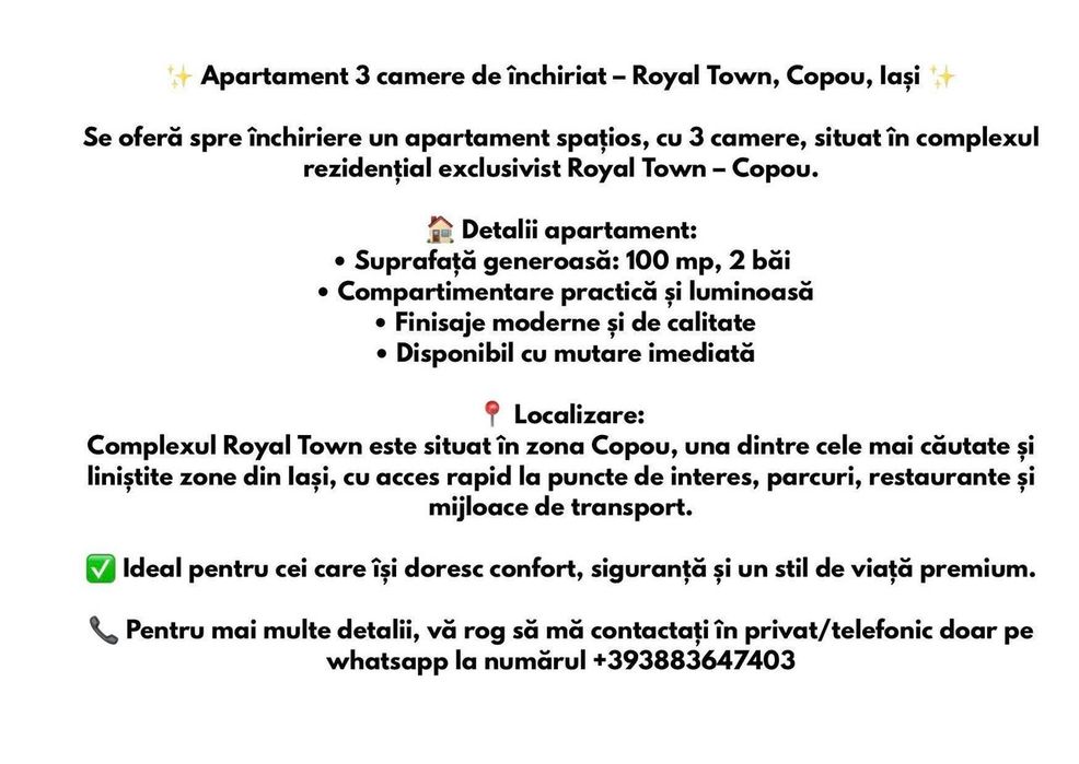 Apartament în Iași spre chirie modern 3 camere direct de la proprietar
