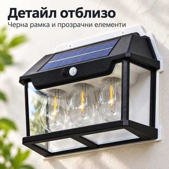 Име:Соларен LED троен фасаден аплик с датчик за движение
