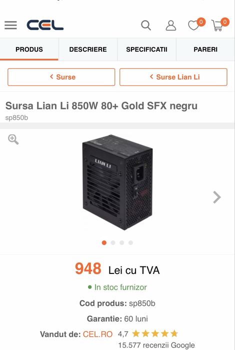 SURSA Gaming PC LIAN LI SP850 80+ GOLD SFX 750W BL SP850B, noua la cutie !
