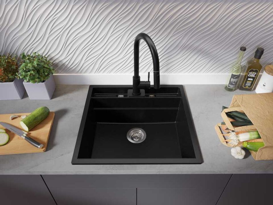 Черна кухненска мивка за вграждане Берген 60 Double Pocket 560x540 мм