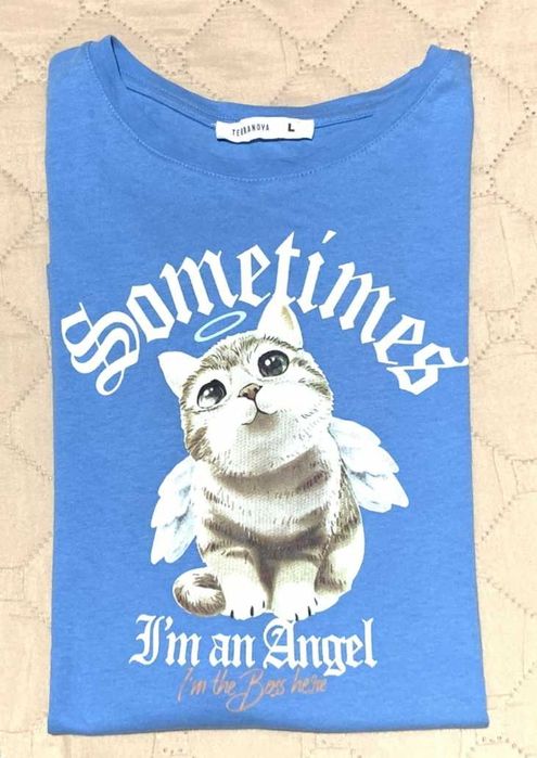 Синя дамска тениска с коте-ангел