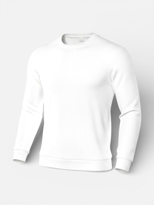 Мъжка бяла рипсена блуза с дълъг ръкав и кръгло деколте